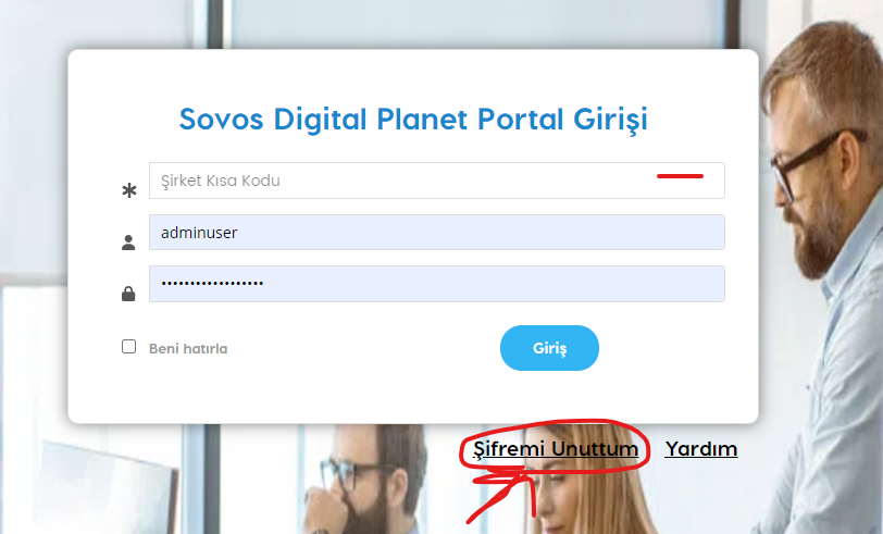 Sovos Digital Planet Portal giriş ekranı ve Şifremi Unuttum bağlantısı