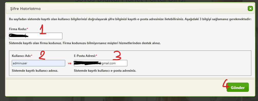 Şifre Hatırlatma formu — Firma Kodu, Kullanıcı Adı, E-Posta Adresi ve Gönder adımları
