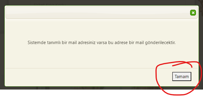 Şifre hatırlatma onay mesajı — kayıtlı e-posta adresine mail gönderilecektir
